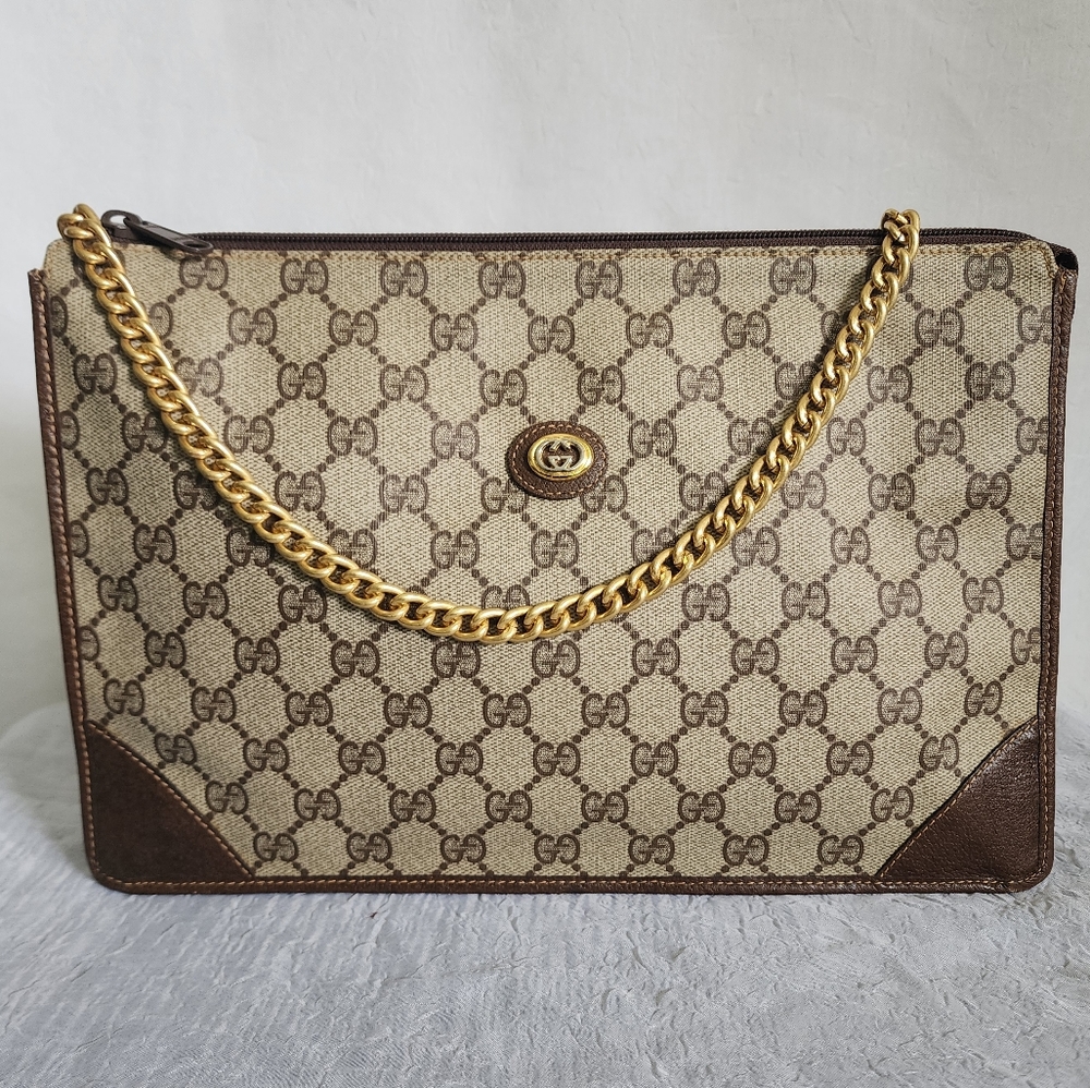 Auth Vintage Gucci GG XL Canvas Clutch